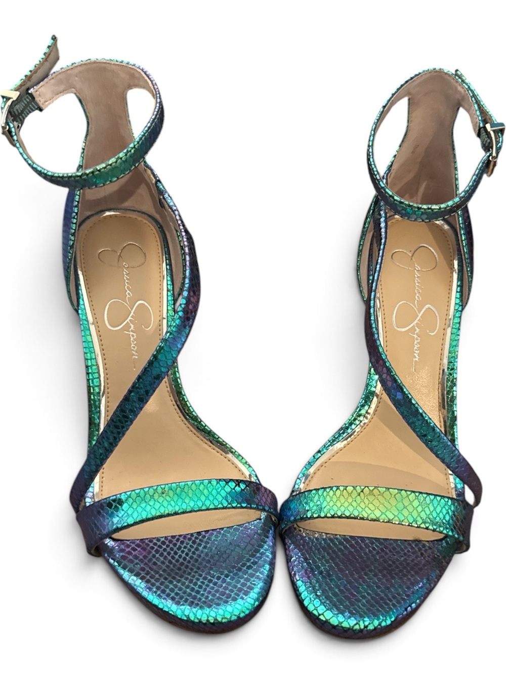 Jessica Simpson Iridescent Teal-Blue Ankle Strap Heels